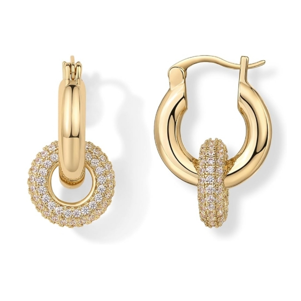 14K Gold Plated Convertible Chunky Hoop and Huggie CZ Earrings